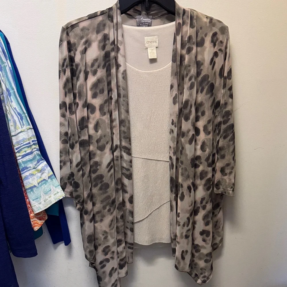 Chico's Taupe & Gray Leopard Print Open Drape Cardigan - Picture 5 of 5